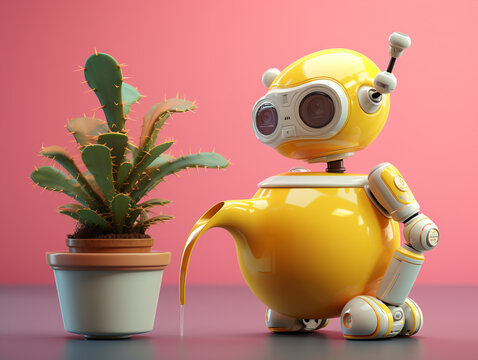 Cute futuristic mechanical robot, funny yellow watering robot with spout next to a succulent plant. Assistant device gardener for future gardening. Isolated on pink background, ai generative tool