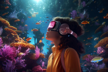 Naklejka na ściany i meble Young girl wearing AR glasses in bright colourful cyberspace, digital art, generative AI. Gamer with virtual reality VR headset in submarine augmented reality environment. Metaverse visual concept 