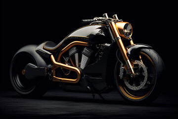 Motorcycle on a black background. 3D rendering of an elegant, futuristic and chromed motorbike, innovative design of a vehicle with two wheels