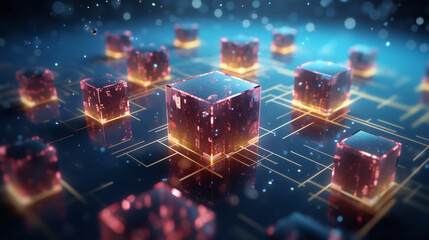 Processing units of quantum computer, superconducting circuitry, power data elaboration. Futristic Network of Qubits, quantum bits concept. 3d Glowing cubic chips, Ai tech microprocessor  