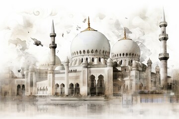 Islamic Wall Art: Sheikh Mosque Canvas Print, White Background Generative AI