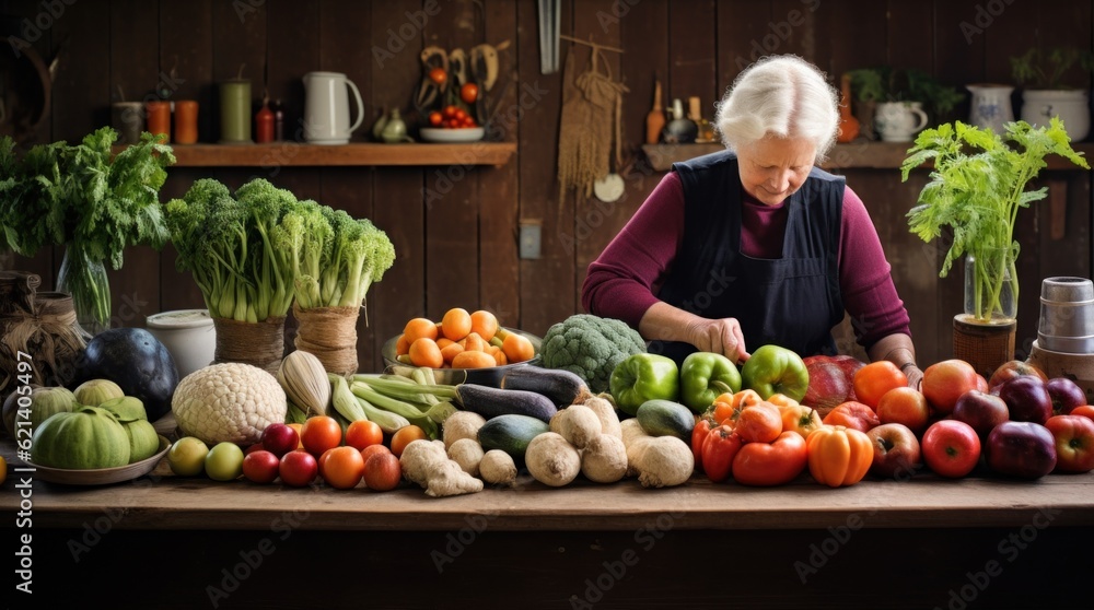 Canvas Prints A woman standing in front of a table full of vegetables. Generative AI image.