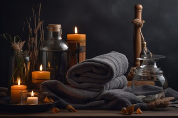 Obraz na płótnie Canvas Relax and Unwind: Spa Therapy with Candles and Towels for Total Rejuvenation Generative AI