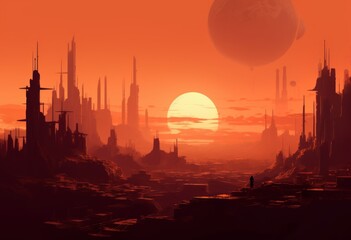 Obraz premium Desert Cityscape at Sunset: Stunning Image of a City in the Desert. Generative AI