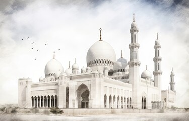 Fototapeta premium Beautiful White Mosque with Stone Architecture - Perfect for Stock Photos Generative AI