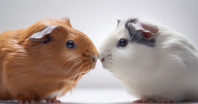 Two Guinea Pigs Eyeing Each Other on a White Background Generative AI
