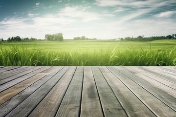 Beautiful Outdoor Backyard Scene with Wooden Deck and Green Grass Table Under a Clear Blue Sky Generative AI