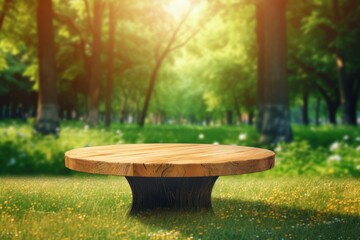 Gorgeous Wooden Table Set in Nature with Warm Sunlight and Trees in the Background Generative AI