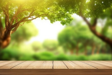 Rustic Wooden Table Against a Blurred Tree Background - Vector Illustration Generative AI