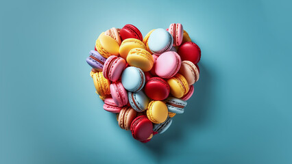 Heart made of colorful macaroons on blue table background. Copy space. Creative Valentine's idea. Minimal dessert concept.