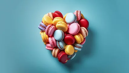 Deurstickers Heart made of colorful macaroons on blue table background. Copy space. Creative Valentine's idea. Minimal dessert concept. © Mathbrothers Studio