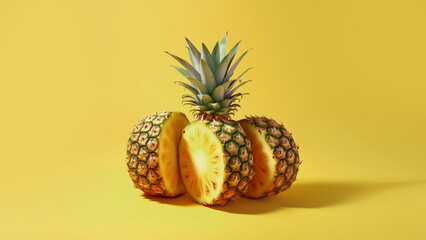 Creative summer layout made of sliced pineapple against pastel yellow background. Original pineapple decoration. Creative summer idea. Minimal style. Fruit concept. Copy space.