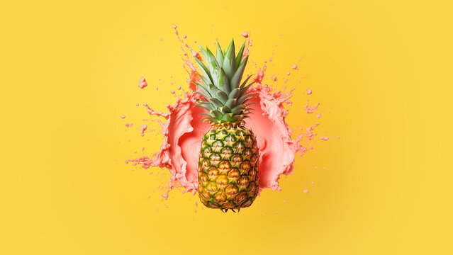 Creative summer layout of pineapple dipping in pink paint against bright yellow background. Original pineapple decoration. Minimal summer concept.