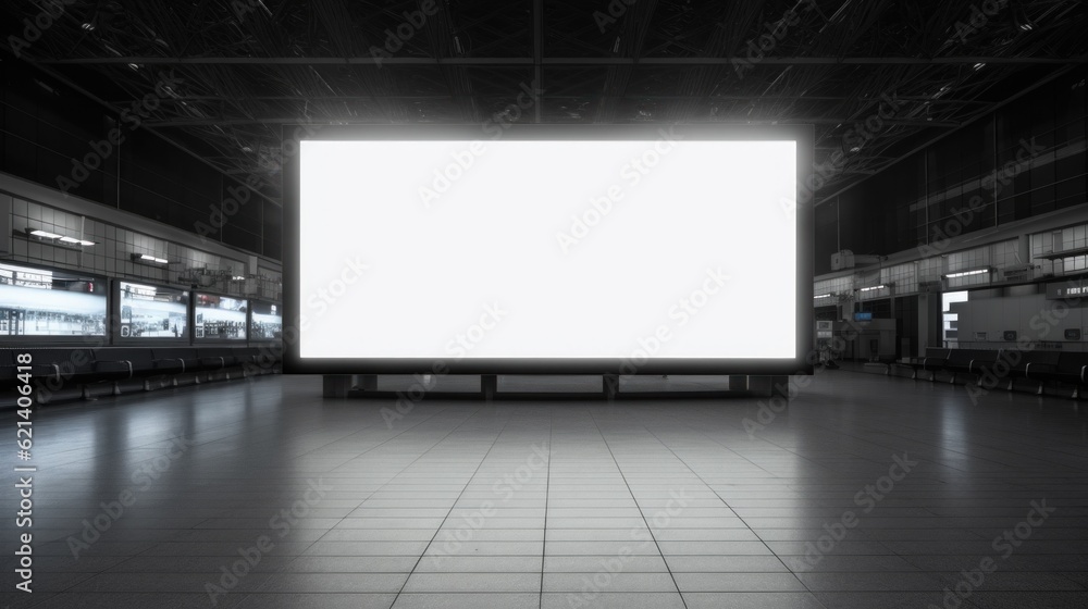 Poster an empty bench in an empty train station. generative ai image.