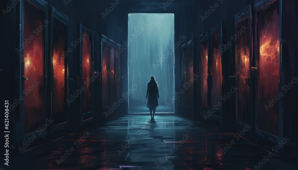 Poster a person standing in a dark hallway with red lights. generative ai image.