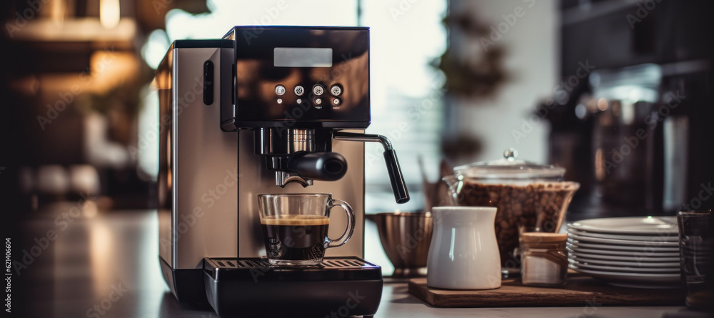 Poster a coffee machine sitting on top of a counter. generative ai image.