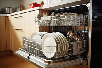 Loaded opened dishwasher machine with clean dishes in kitchen