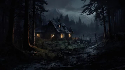 Fotobehang spooky halloween night with ghost in the forest dark haunted house background created with generative ai © Chaudhry