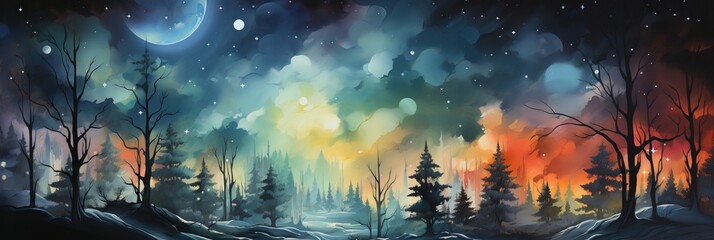 An abstract winter forest header or border illustration with pine trees and snow. Generative AI. 