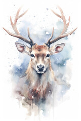 Watercolor noble deer male in winter snow forest Generative AI.