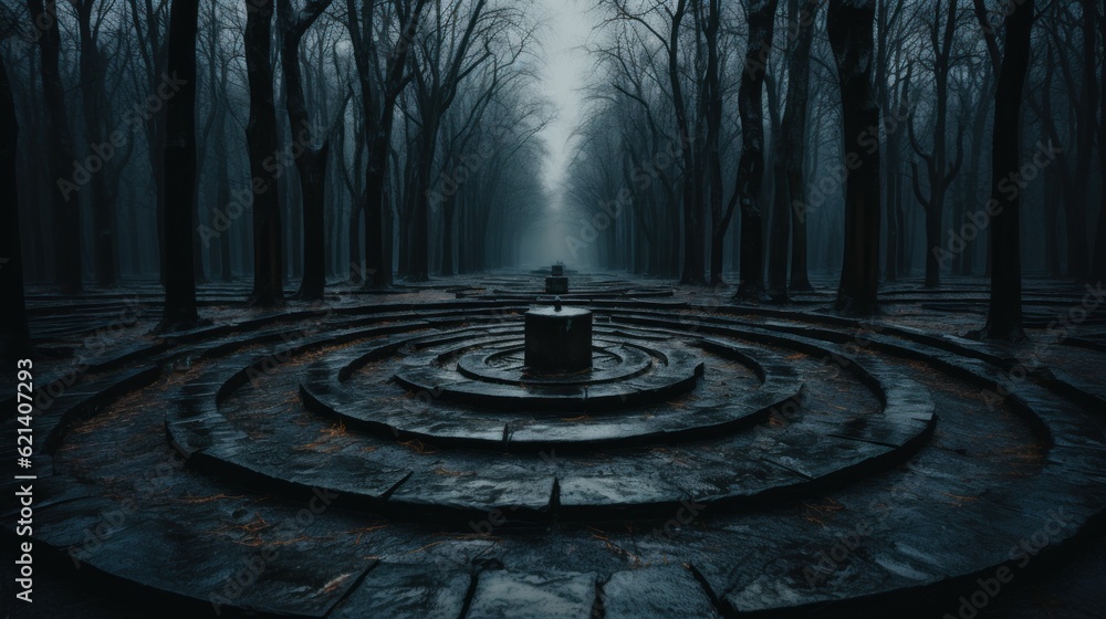 Poster a circular stone structure surrounded by trees in a dark forest. generative ai image.