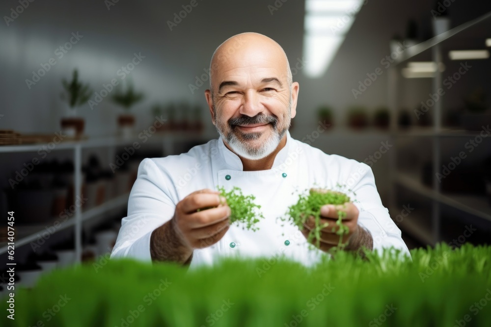 Poster a man in a chef's uniform is holding sprouts of grass. generative ai image.