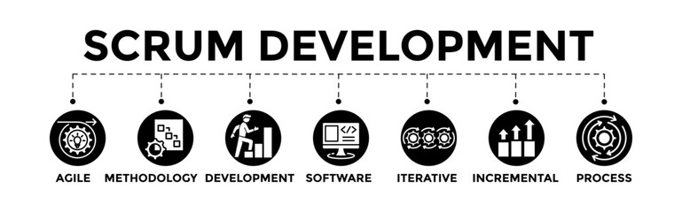 Scrum development concept banner web illustration with agile, methodology, development, software, iterative, incremental and process icon.	