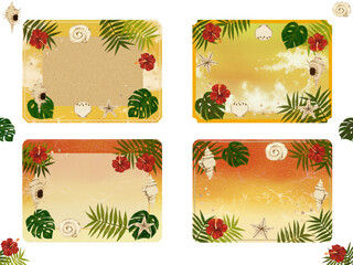 夏のサンセットビーチのフレーム素材【貝・ヤシ・ハイビスカス】