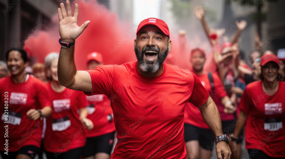 Aufkleber a man in a red shirt is running in a race. generative ai image.