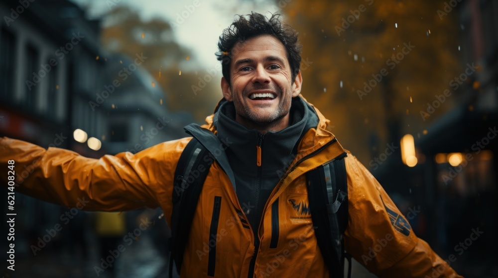 Poster a man in a yellow jacket is standing in the rain. generative ai image.
