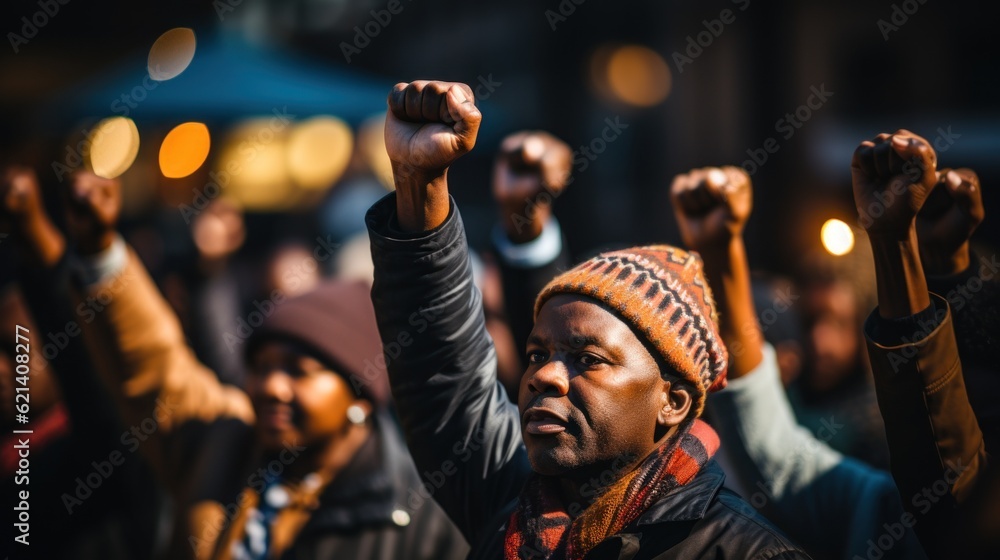 Poster a group of people with fists raised in the air. generative ai image.