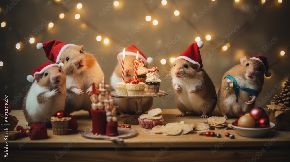 Poster a group of hamsters sitting around a table with a cake. generative ai image.