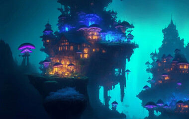 Goblin City with glowing mushroom houses, Generative AI Illustration.