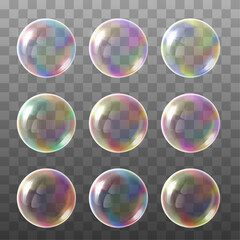 Vector transparent multicolored soap bubbles set on plaid background colection