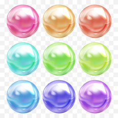 Vector transparent colorful pearl bubbles set on plaid background.