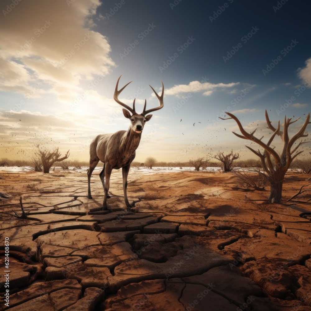Poster a deer standing in the middle of a desert. generative ai image.