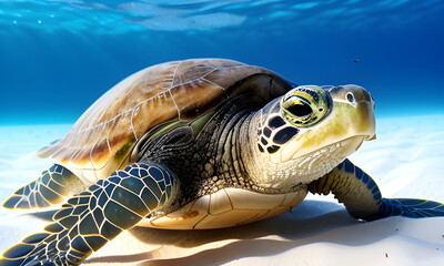 old turtle under the beautiful blue sea. Generative AI