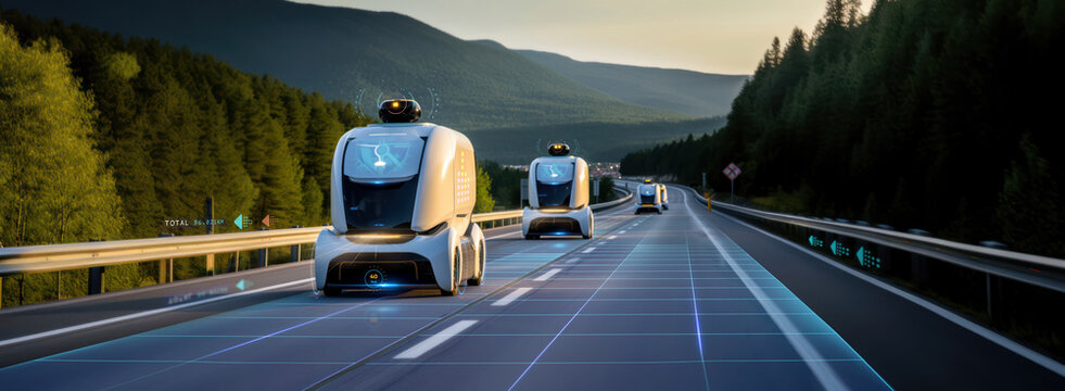 futuristic robotaxi or trucks fleet on highway with full self driving system activated for transportation autonomy concepts as wide banner with copy space area - Generative AI