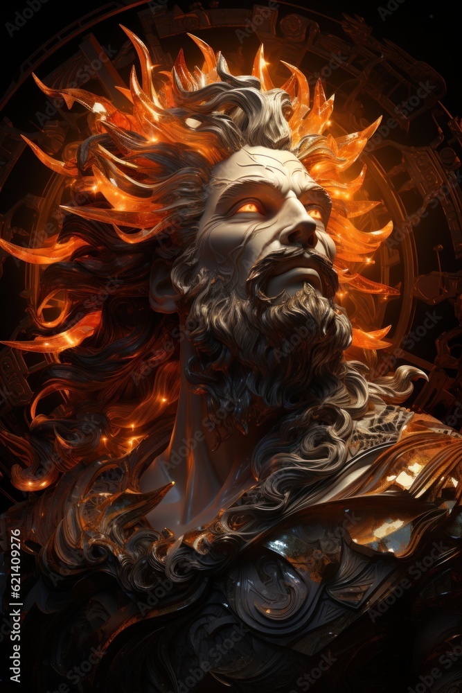 Poster a close up of a statue of a man with fire on his head. generative ai image.