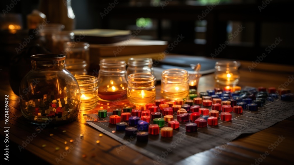 Poster a wooden table topped with jars filled with candles. generative ai image.