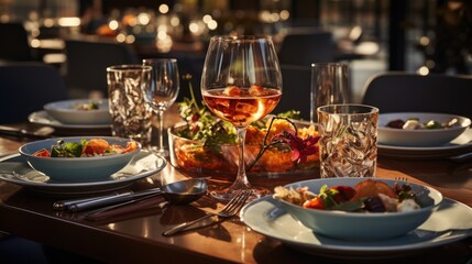 Fototapeta na wymiar Stylish restaurant table setting with elegant cutlery and carefully arranged dishes, award winning studio photography, professional color grading, soft shadows,
