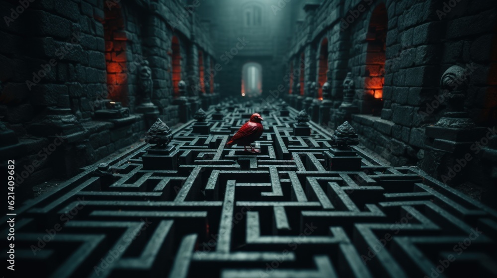 Poster a person sitting in a maze in the middle of a building. generative ai image.