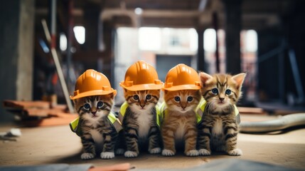 Fototapeta na wymiar A group of kittens wearing hard hats on a construction site. Generative AI image.
