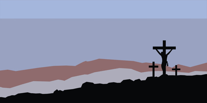 Jesus silhouette on the cross, 3 crosses, thieves on the side, vector illustration