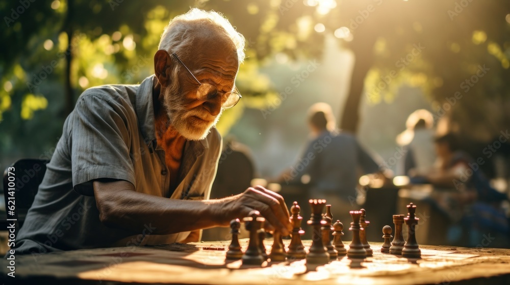 Poster a man playing a game of chess in a park. generative ai image.