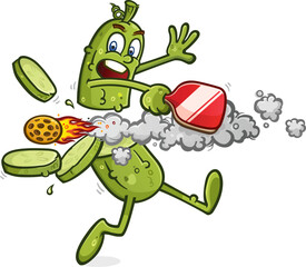 Pickleball cartoon character getting absolutely blasted by a high powered speeding pickle fireball splitting the poor guy it into slices erupting out like flying chopped veggies vector clip art - 621410090