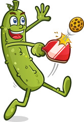 Tall lanky shaped pickle cartoon character leaping and kicking on the pickleball court and giving an epic underhand dink to his opponent vector cartoon clip art - 621410260