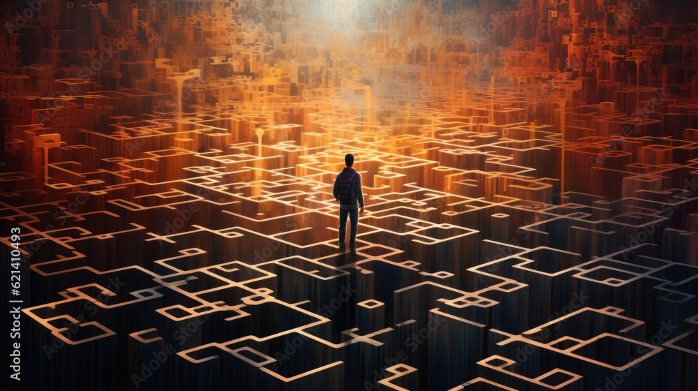 Poster a person standing in front of a maze. generative ai image.