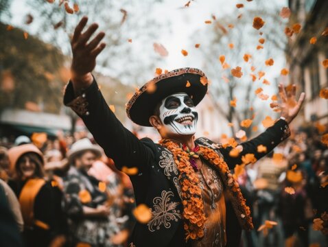 A man dressed in a mexican costume with a skeleton face. Generative AI image.