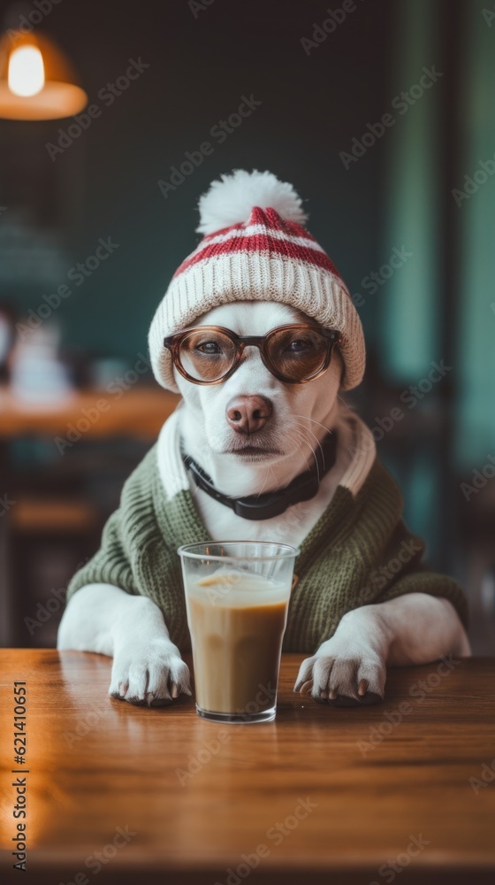 Wall mural a small dog wearing a hat and glasses sitting at a table with a cup of coffee. generative ai image.